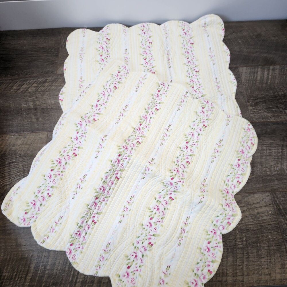 2 Quilted Pillow Shams Scalloped Floral Striped Yellow Pink Cottagecore